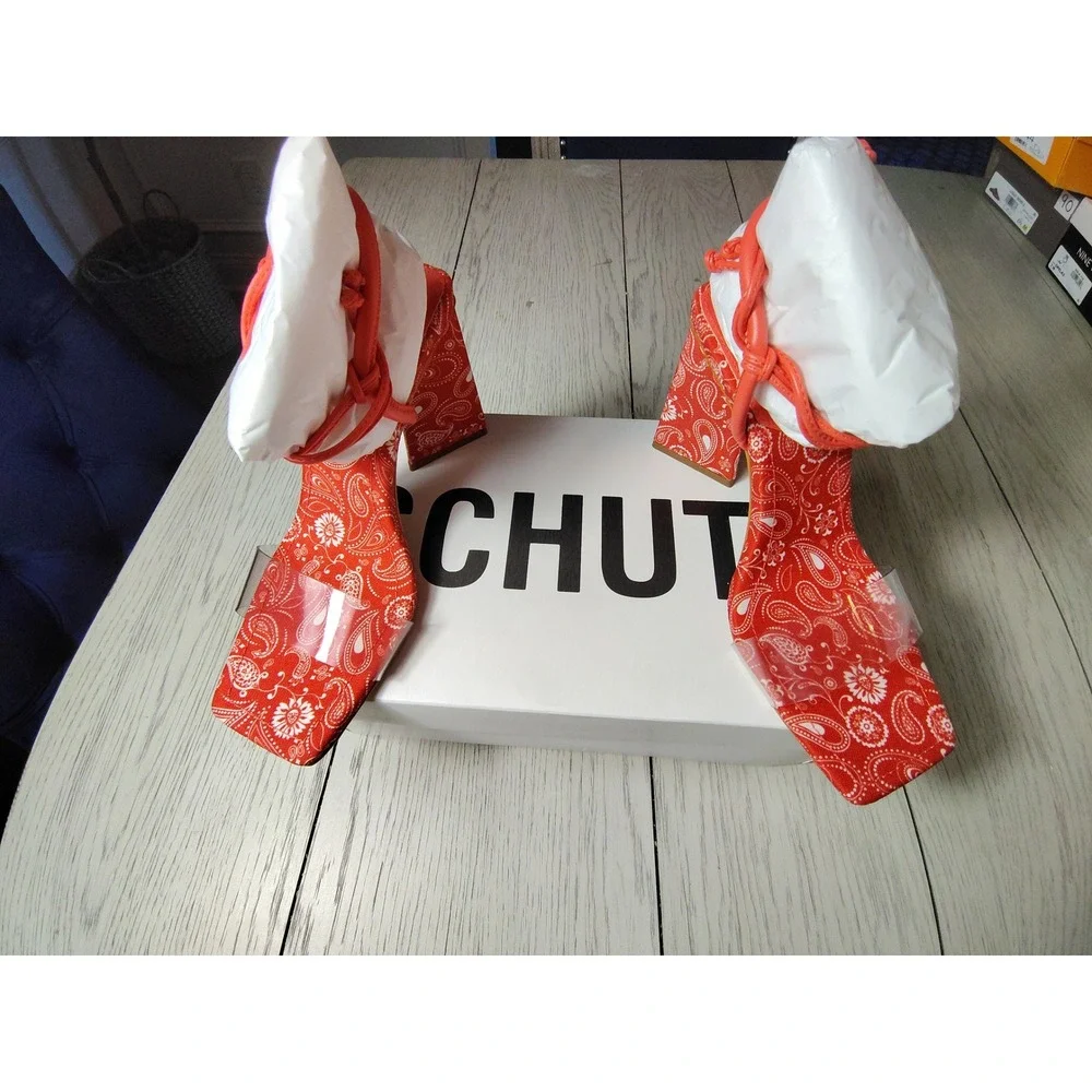 Schutz Red Paisley Block Heel‎ Sandals Clear Strap Ankle Tie Square Toe 8B